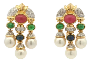 Late 20th Century 18k Yellow Gold Cabachon Ruby, Emerald, Sapphire, Diamond and Pearl Drop Earrings, A Pair