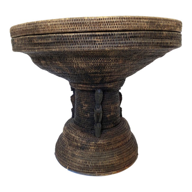 20th Century Hand Woven Side Table/ Basket With Hand Carved Details