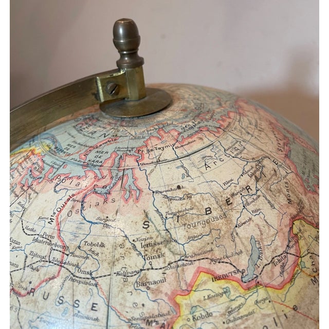 Large Terrestrial World Globe by J. Forest Early Grande 20th Century Wood Brass For Sale - Image 9 of 16