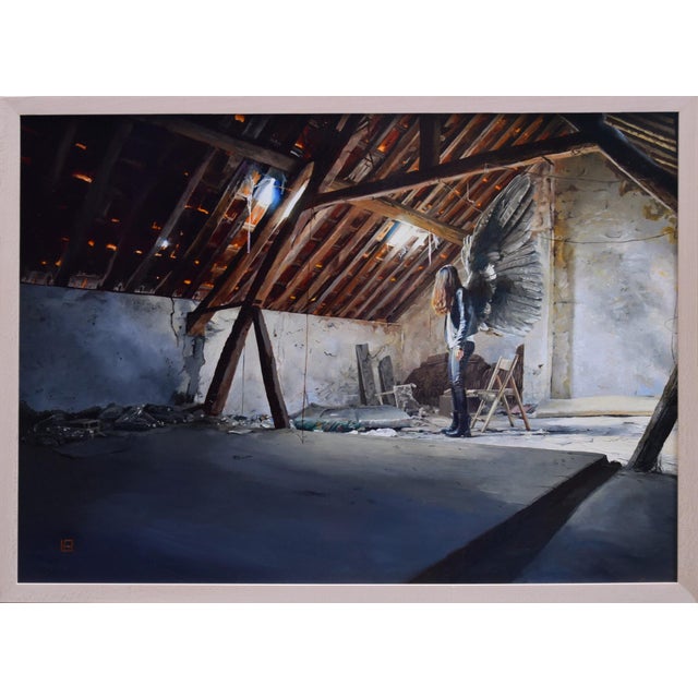 Early 21st Century Untold by Linda Delahaye | Oil on panel Woman with wings in an empty attic space. For Sale - Image 5 of 5