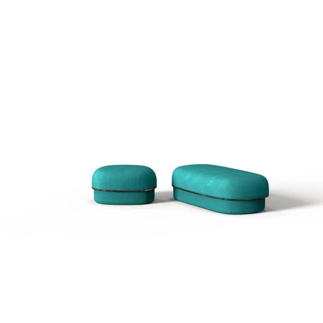 Contemporary Modern Gentle Small Pouf in Teal Fabric and Bronze Metal by Javier Gomez For Sale - Image 3 of 5
