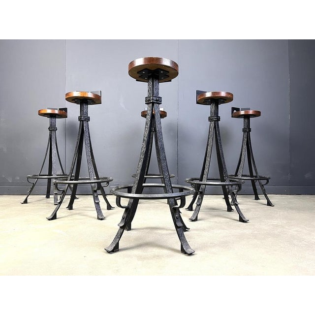 Vintage Brutalist Wrought Iron Bar Stools, 1970s, Set of 6 For Sale - Image 6 of 17