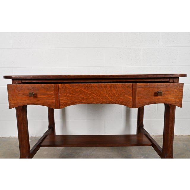 Wood Limbert Antique Mission Oak Arts & Crafts Writing Desk or Library Table, Circa 1910 For Sale - Image 7 of 14