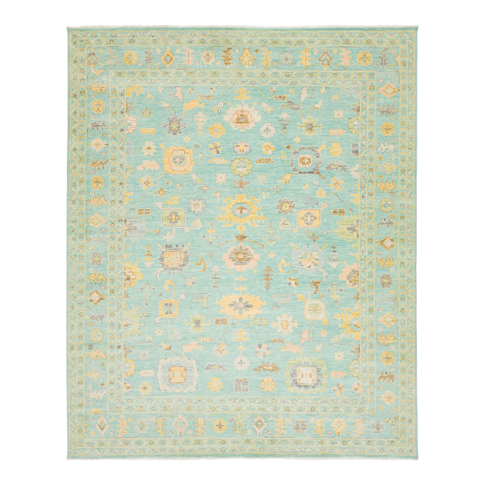Modern HandCrafted Oushak Style Light Green Wool Rug With Floral Design ...