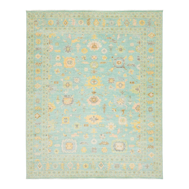 Modern HandCrafted Oushak Style Light Green Wool Rug With Floral Design For Sale