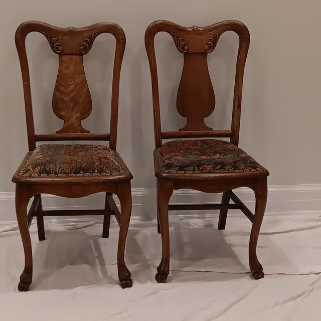 Brown Antique Quarter Sawn Oak Side Chairs With Hand Carved Motif on Each Side and Nailhead Stud Surround Tapestry Seat and Claw Feet For Sale - Image 8 of 18
