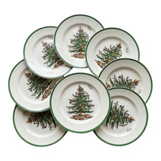 1978 Vintage Spode Christmas Tree Dinner Plates - Made in England - Set of 8 For Sale