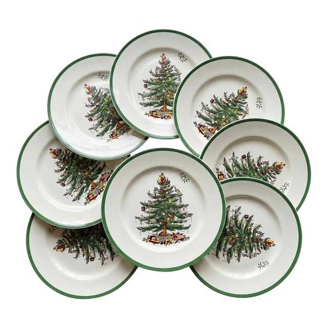 1978 Vintage Spode Christmas Tree Dinner Plates - Made in England - Set of 8 For Sale