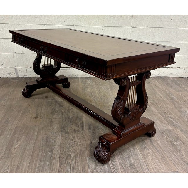 Wood Vintage Empire Style Lyre Side Leather Top Writing Executive Library Desk For Sale - Image 7 of 15
