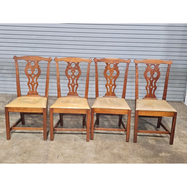 Brown Set of 8 Stickley Chippendale Solid Cherry Dining Chairs Leather Seats Made Usa For Sale - Image 8 of 15