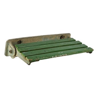 Industrial Salvaged Vintage Wall Mounted Green Painted Wood Slats & Iron Fold Down Shelf/Bench For Sale