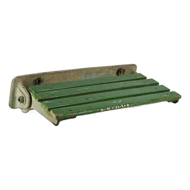 Industrial Salvaged Vintage Wall Mounted Green Painted Wood Slats & Iron Fold Down Shelf/Bench For Sale