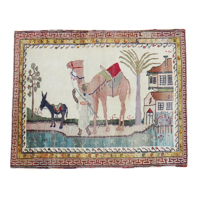 Vintage Zabihi Collection Anatolian Pictorial Camel Donkey Scatter Size Rug - 3'2" x 3'11" For Sale