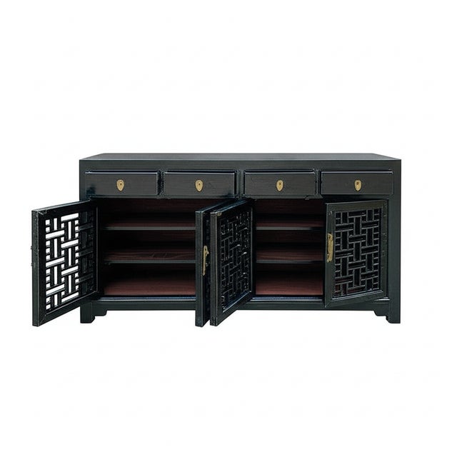 Black Lattice Doors Drawers Sideboard Credenza Console Cabinet Ws4756 For Sale - Image 4 of 6