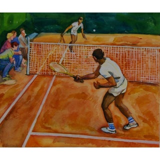 Vintage Tennis Painting: Ukrainian Watercolor by Pokatayeva, 1970s 34,5-41 For Sale