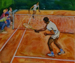 Vintage Tennis Painting: Ukrainian Watercolor by Pokatayeva, 1970s 34,5-41