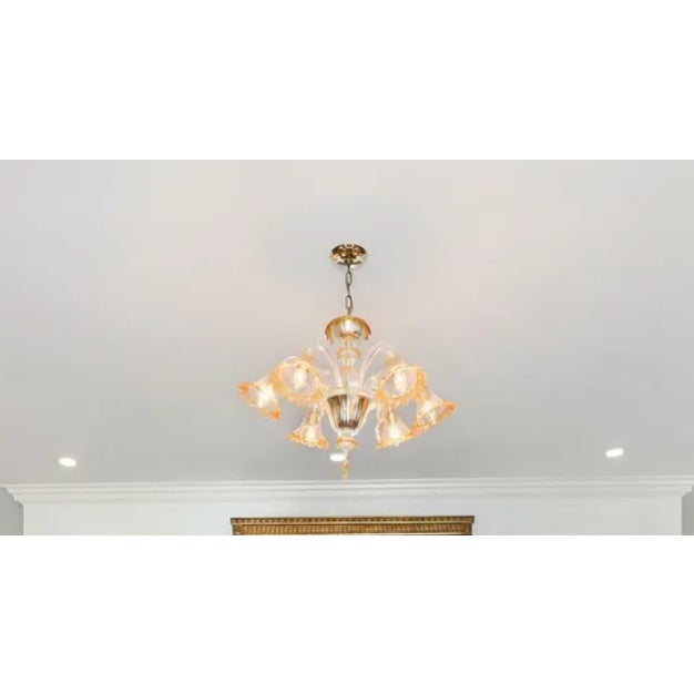 Vintage 6-Light Murano Glass Venetian Chandelier – Hand-Blown Amber & Gold Aventurine Bring a touch of Mid-Century Italian...