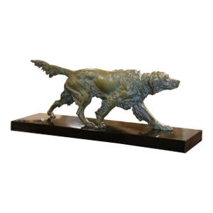 19th Century French Verdigris Spelter Pointer Dog Sculpture on Marble Base