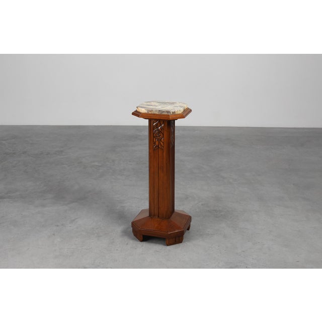 Large Art Deco Oak and Marble Pedestal, France, 1920s For Sale - Image 6 of 11