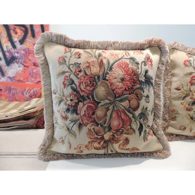 Vintage Aubusson Style Orange and Green Tapestry Square Decorative Pillows - Set of 2 For Sale - Image 4 of 7