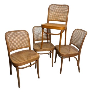 Vintage Thonet No. 811 Style Prague Bentwood & Cane Dining Chairs, Set of 4, C. 1960s–1980s For Sale