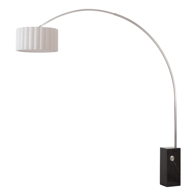 Iconic 95" Arc Floor Lamp - Satin Nickel, Black Marble Base, White Linen Shade For Sale