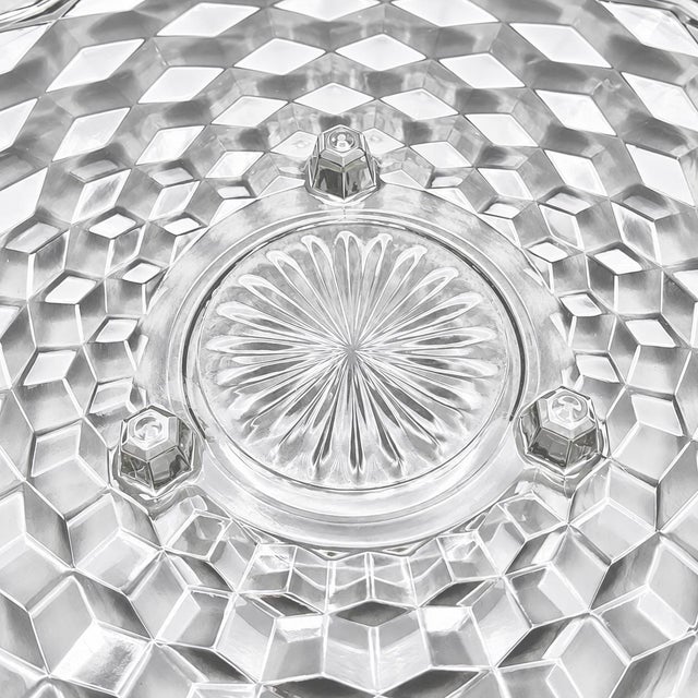 Transparent Vintage Fostoria American Clear Glass Block Optic Three Footed Cake Torte Plate For Sale - Image 8 of 8