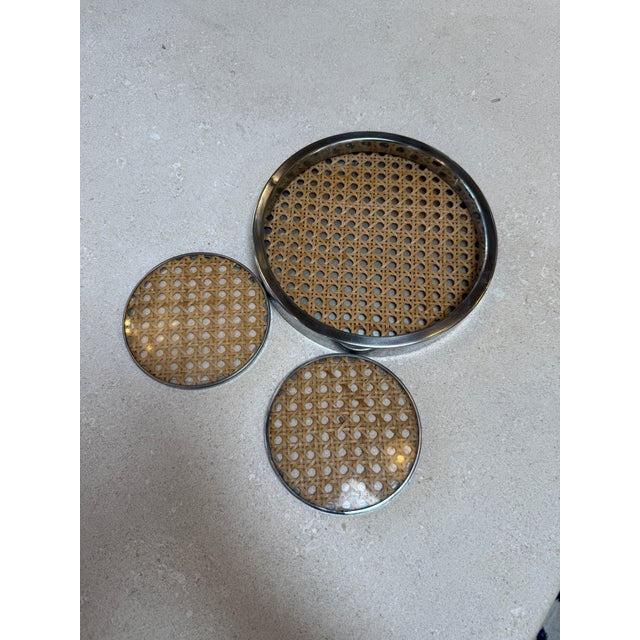 Metal Vintage Chrome and Cane Tray With Matching Coasters, 1970s For Sale - Image 7 of 7