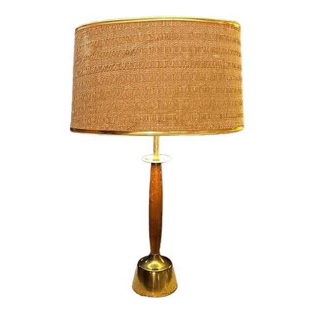 Vintage 1950s Danish Modern Wood Brass Burlap Table Lamp For Sale