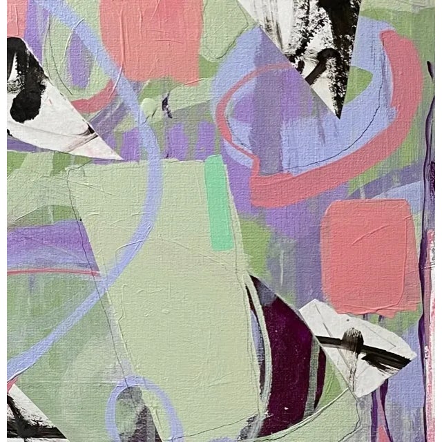 Contemporary abstract design incorporating acrylic, collage, ink, and graphite on canvas. This colorful piece was created...