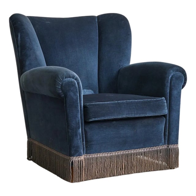 Danish Lounge Chair with Original Upholstery + Fringe, 1960s - 2 Available For Sale