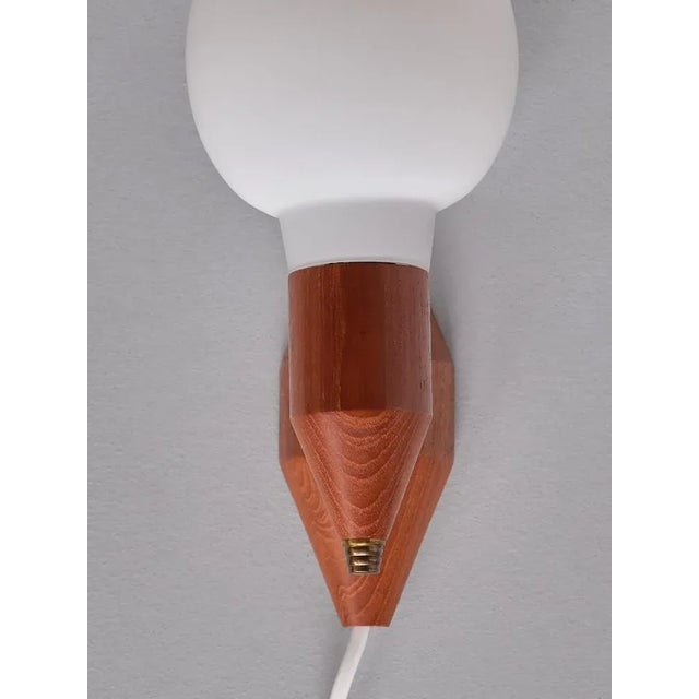 Brown Swedish Modern Teak Wood, Brass and Opaline Glass Wall Lamps, Sweden, 1950s, Set of 2 For Sale - Image 8 of 10