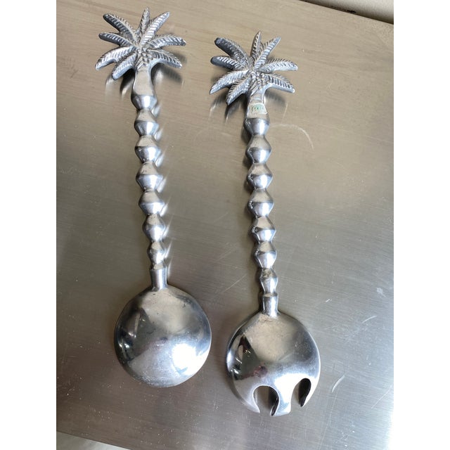 Contemporary Palm Tree Pewter Salad Bowl & Servers Chairish