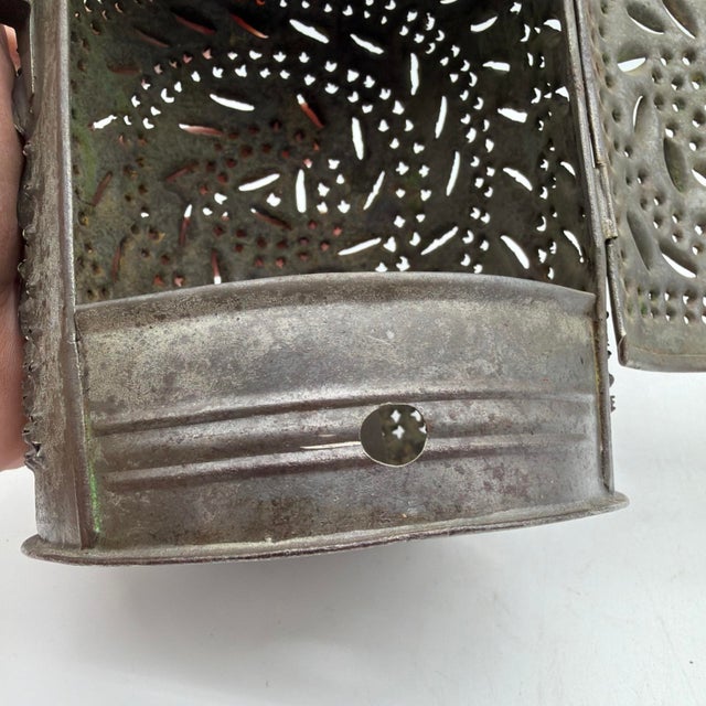 19th Century American Hand Punched Tin Candle Lantern With Pinwheel Motif For Sale - Image 9 of 16