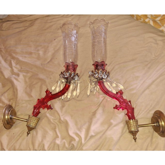 19th Century French Art Nouveau Red Art Glass/ Crystal Gilt Bronze Candle Wall Sconces Attrib. Baccarat True Left and Right Form For Sale - Image 18 of 18