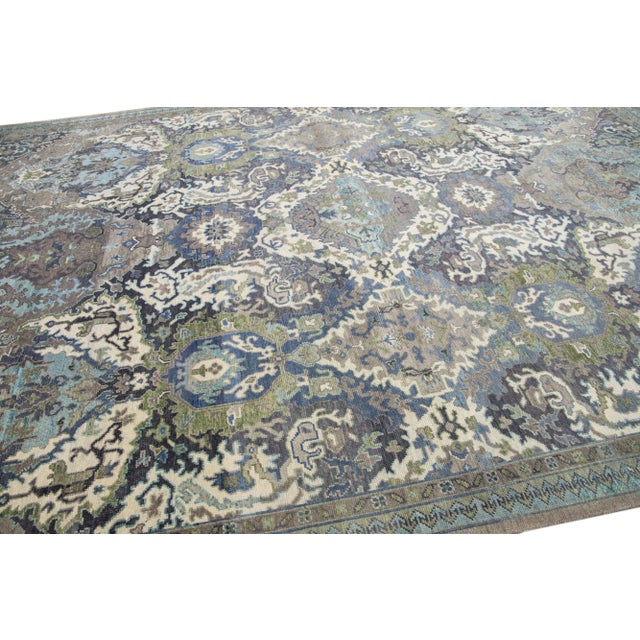 Modern Turkish Oushak Style Handmade Gray & Blue Wool Rug With Allover Pattern For Sale In New York - Image 6 of 11