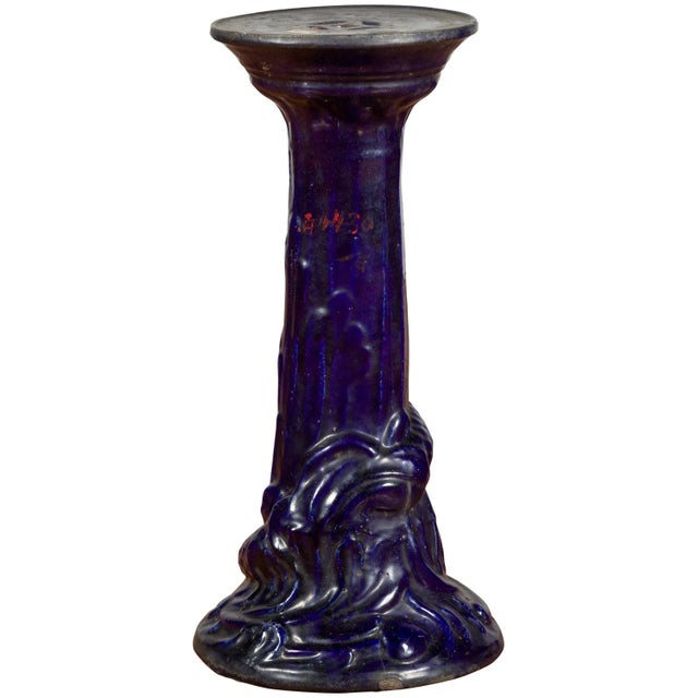 Chinese Antique Dark Blue Glazed Pedestal Stand with Raised Motifs For Sale - Image 10 of 10