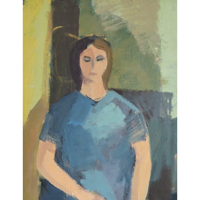 Mid-Century Modern 'Presence in Blue' Swedish Original Figurative Interior Oil Painting, Framed For Sale - Image 11 of 13
