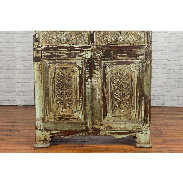 Wood Indian Rustic Painted Wood Cabinet with Carved Foliage & Distressed Patina For Sale - Image 7 of 12