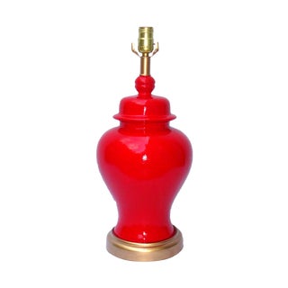 Hollywood Regency Red Lacquer Ceramic Lamp For Sale