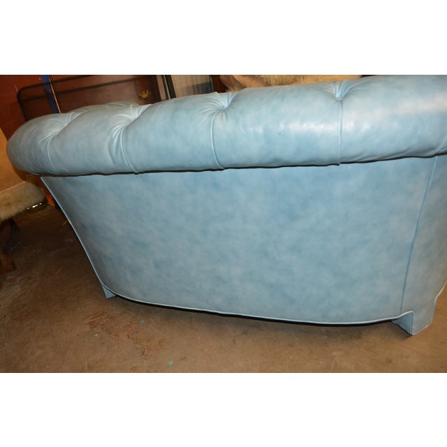 Vintage Drexel Aqua Blue Tufted / Buttoned Leather Chesterfield Loveseat Sofa For Sale - Image 14 of 18