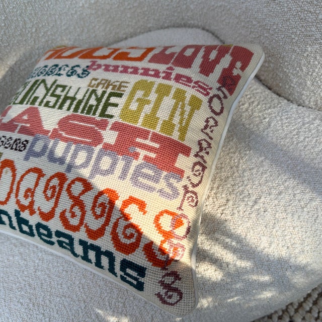Early 21st Century Jonathan Adler Colorful Pop Art Needlepoint Typography Pillow For Sale - Image 5 of 10