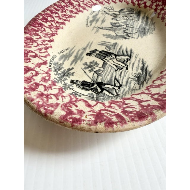 Ceramic Antique Red Transfer & Sponge Ware Platter Awkward Squad/ Dragoon Guards Military For Sale - Image 7 of 11