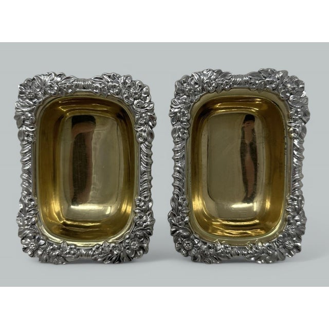 An Absolutely Stunning Identical Matched Pair of English Sterling Silver Gilt rectangular form Open Salts Cellars of good...