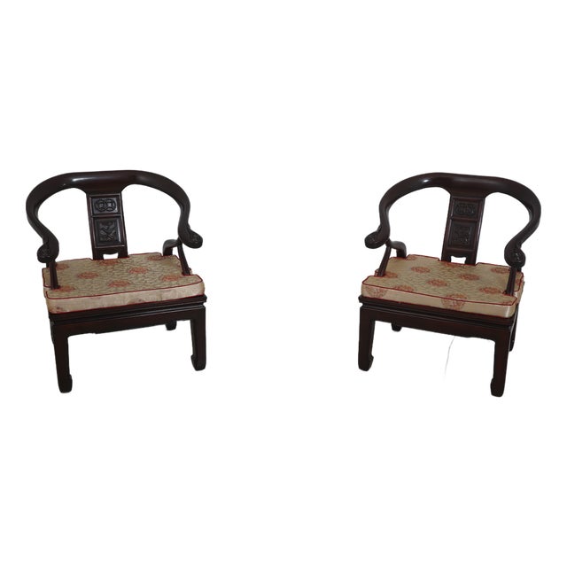 Pair of Vintage Chinese Rosewood Carved Armchairs For Sale