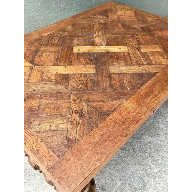 Brown Vintage Spanish Carved Wood Parquet Extendable Dining Table For Sale - Image 8 of 13