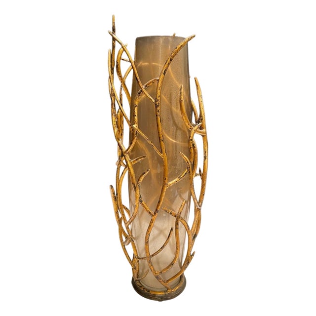 Late 20th Century Contemporary Gilt Iron and Art Glass Vase For Sale