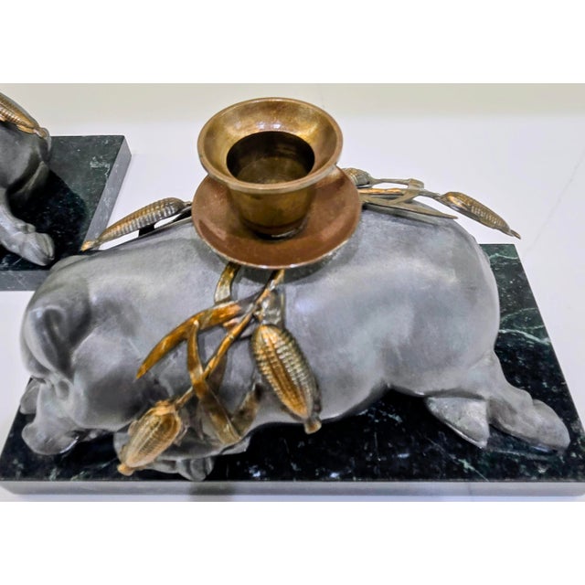 Vintage Petites Choses Pewter Sleeping Pig Candle Holders on Green Marble – Pair, Usa For Sale - Image 13 of 15