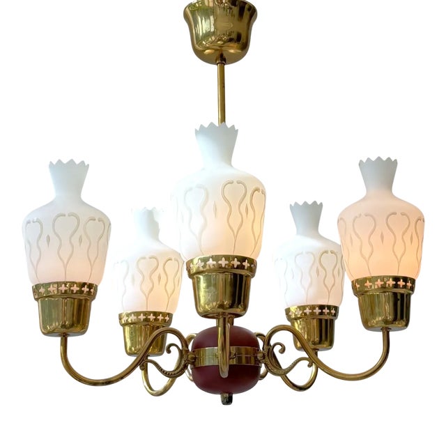 Mid-Century Chandelier in Brass and Opal Glass, Sweden, 1950s For Sale