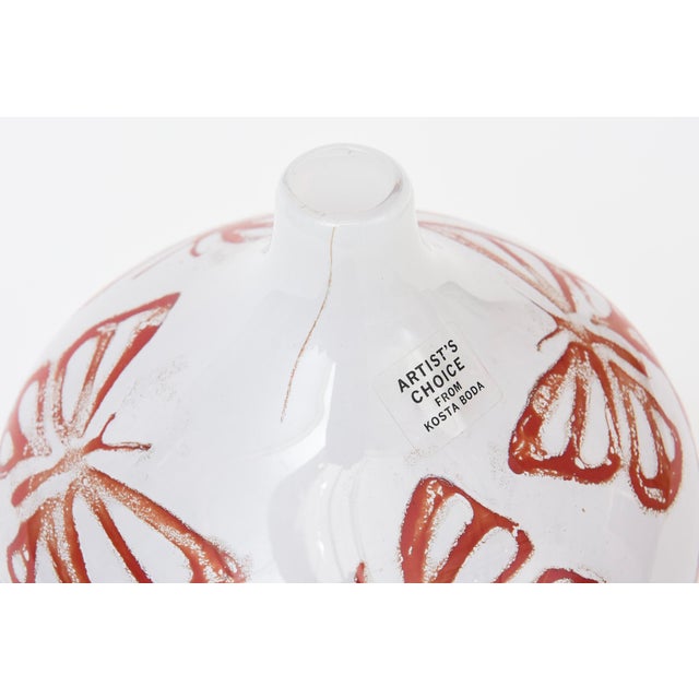 Antique White Vintage Signed Kosta Boda Red Butterflies White Cased Glass Vase, Vessel For Sale - Image 8 of 11